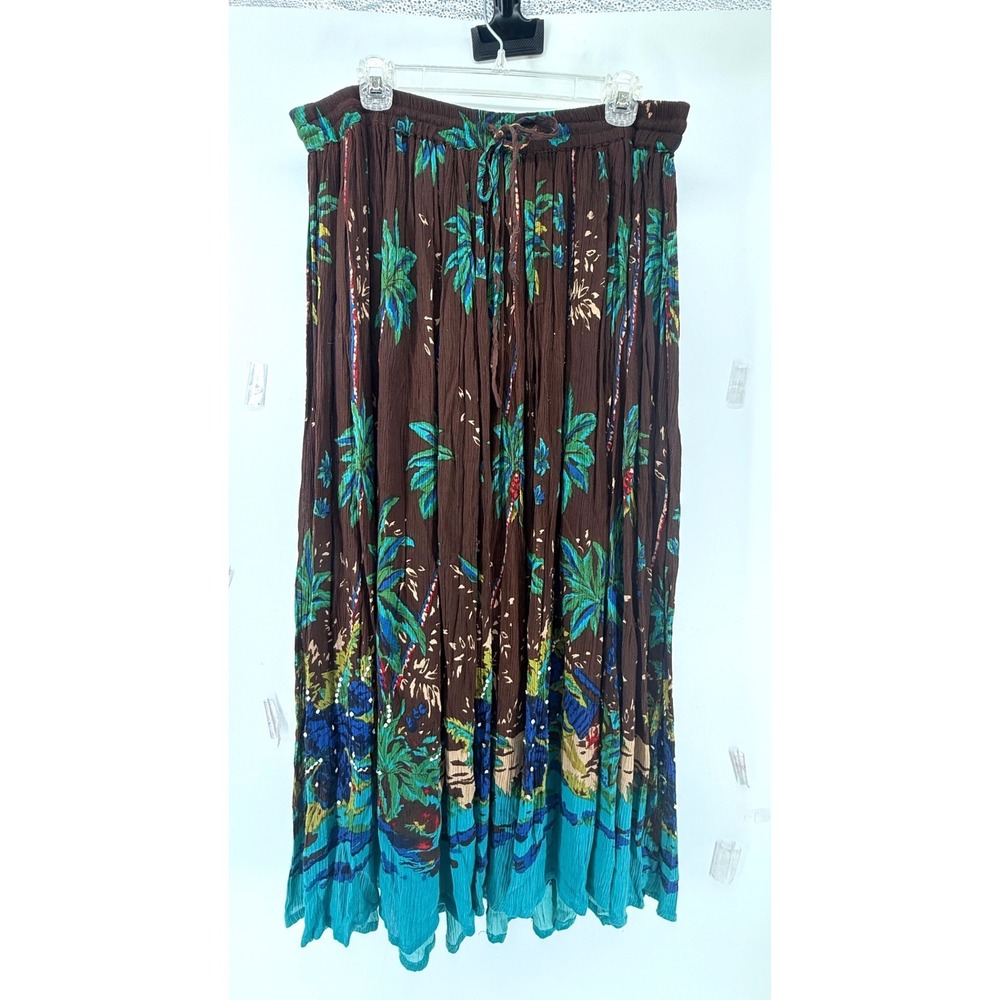 White Stag Brown Tropical Palm Tree Maxi Skirt Plus Size 26W 28W Rayon Boho